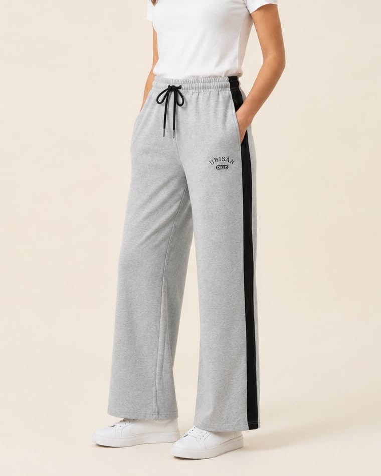 Image of Women's Wide Leg Track Pants | Cotton Blend Relaxed Fit Palazzo Trousers with Elastic Waist & Drawstring | Casual Lounge Wear for Women