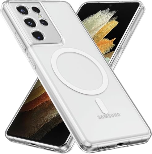 Image of Magnetic Case for Samsung Galaxy S21 Ultra Compatible with MagSafe, Shockproof Phone Bumper Cover, Anti-Scratch Clear Back Plastic (Clear)