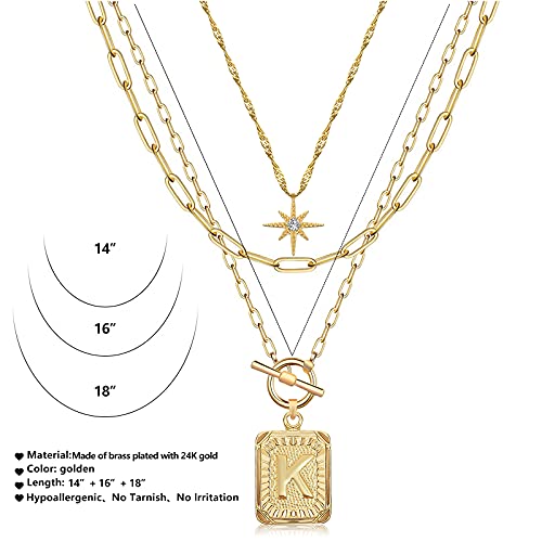 Mjartoria 14K Gold Plated Layered Initial Necklaces For Women Trendy, Simple Square A-Z Letter K Necklace, Paperclip Chain Necklace, Initial Choker Necklace Gold Layered Necklaces Jewelry For Women #TOP4