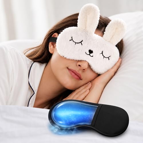 Image of Jenna Bunny Plush Sleeping Eye Mask with Removable Reusable Cooling Gel Pad | Soft Light-Blocking Blindfold with Comfortable Elastic Strap | for Women, Bedtime, Travel, Flights, Office Naps (White)