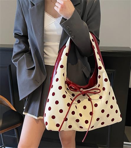 Image of Polka Dot Tote Bag for Women Bow Tie Hobo Bags for Women Slouchy Tote Purse Large Shoulder Handbag Satchel for Travel Work