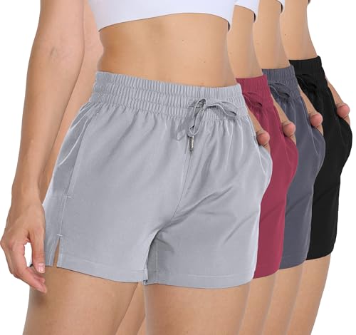 Winvote 4 Pack 3 Womens Athletic Shorts Basic Gym Workout Shorts Quick Dry Lightweight Running Shorts with Pockets Black-Dark Grey-Light Grey-Burgundy L