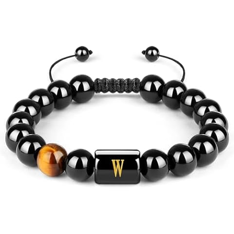 SKYBD Initials Bracelet for Men,10mm Handmade Pure Natural Black Onyx Tiger Eye Letter Link Bracelet Meaningful Bracelet, Birthday Graduation Gifts for Husband/Boyfriend/Dad/Son Cover