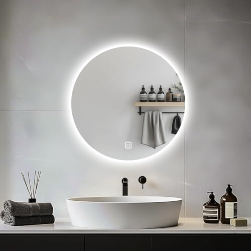 JAMUBOCHE Espejo de baño LED para fregadero, espejo eléctrico redondo de 50 cm con luces retroiluminadas para afeitarse la ducha, montaje en pared sin niebla, iluminación regulable de 3 colores, IP54