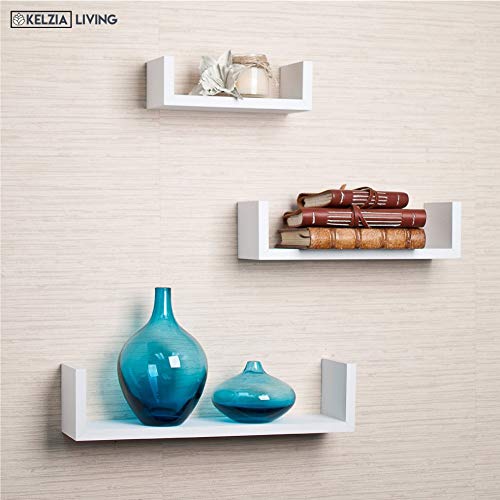 KELZIA Estantería para Pared en Forma de U-Set de 3 Estantes Flotantes-Juego de Baldas para Libros y Objetos de decoración- 3 Repisas auxiliares (Blanca)