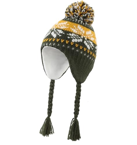 Connectyle Toddler Boy's Beanie Hat with Ear Flaps Kids Peruvian Winter Hat Warm Pompom Knit Hat Army Green M