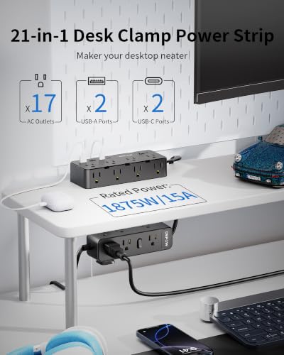 DEPOW Regleta de Escritorio con Abrazadera Doble Capa, 17 Tomas + 4 USB, Cable de 3.05 m, Negro miniatura 2