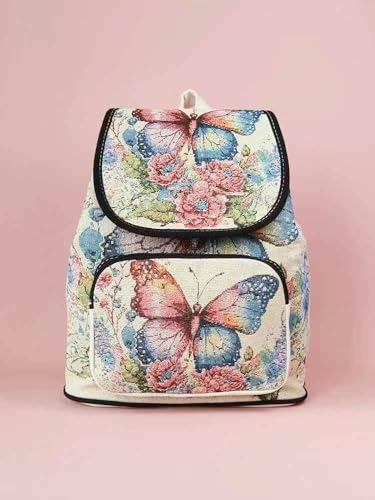 Butterfly Floral Canvas Backpack, White with Pink and Blue Print, Adjustable Straps3