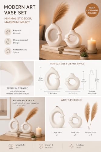 Image of Como Boho Vase Set with 2 Pampas - Modern Ceramic Hollow Donut Vases for Home Decor, Neutral Minimalist Table Centerpiece, Rustic Farmhouse Shelf Decoration, Beige Nordic Aesthetic Gift Set