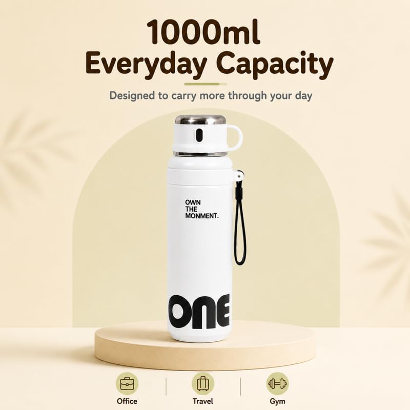 Image of Homero Premium Steel Bottle 1 Litre 1L, Stylish Water Bottle with Cup & Straw, Leak Proof Sleek Metal Design for Office, Gym, School, College & Travel Use - Classic White