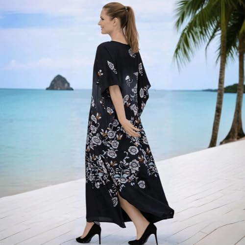 Image of Miss Lavish London Women's Black Floral Kaftan Dress with Pockets, V Neck Maxi Caftan Beach Cover Up, Short Sleeve Resort Wear Dress, Plus Size Swimsuit Coverup, Caftan Maxi Beach Dress-Black-3XL