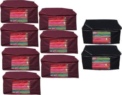 Click@me Saree Bag Non Woven Saree Cover Front Transparent Window Black, Maroon (Pack of 9)