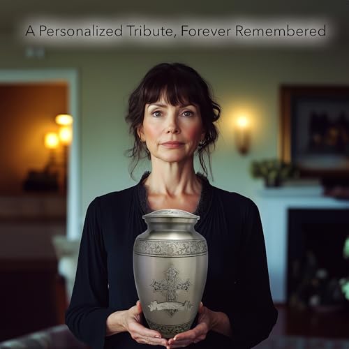 Image of Silver Cross Cremation Urn for Ashes Adult Male - Personalized Urn for Ashes for Women Decorative Urns - Beautifully Handcrafted Cross Urn