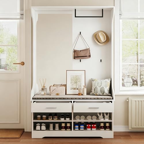 Porte-Manteau d‘Entrée avec Miroir, Armoire de Rangement Multifonction avec Banc - Hall Tree avec Porte-Chapeaux, Range-Chaussures et 2 Tiroirs, Design...