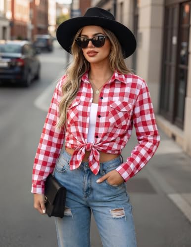Zeagoo Womens Plaid Flannel Shirt, Roll up Long Sleeve Checkered Cotton Shirt,Watermelon Red,Medium - image 3