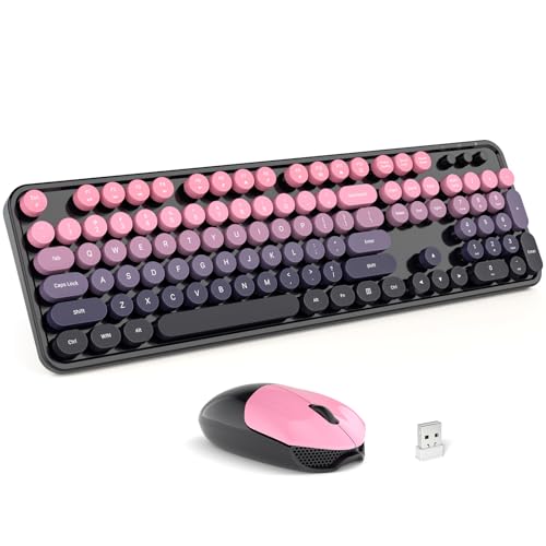 GEEZER - Combo de teclado y mouse inalámbricos, teclado colorido degradado rosa rosa de tamaño completo, 104 teclas, receptor USB 2.4 G, enchufe y reproducción con teclado redondo, teclados de máquina