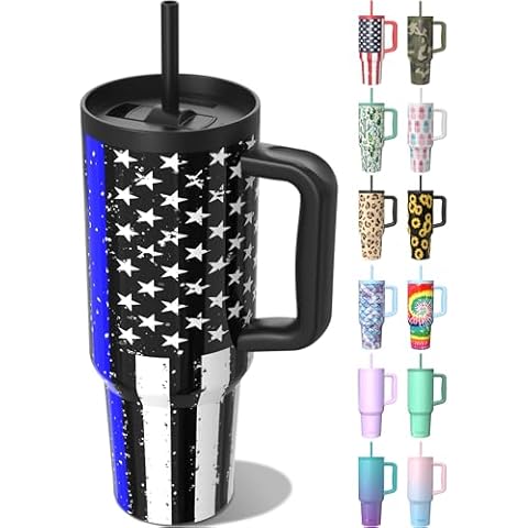 TILUCK 40 oz Tumbler with Handle and Straw Lid, Leak-Proof Cupholder Friendly Travel Mug, Stainless Steel Double Wall Vacuum Insulated Tumbler for Water, Iced Coffee or Tea (BlackFlag) Cover