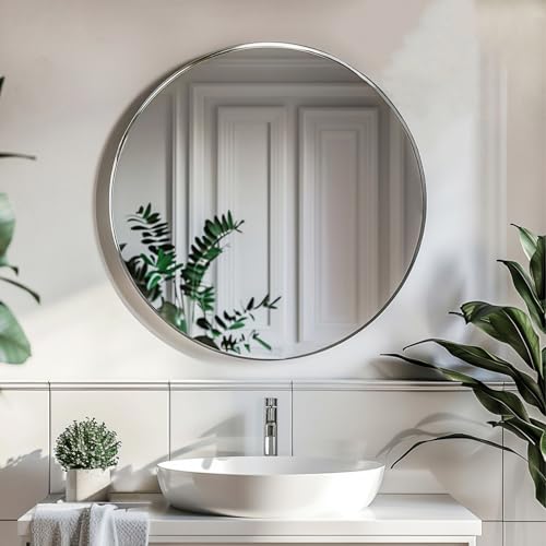 Image of Sunniry Silver Round Mirror 24 inch, Circle Mirror with Brushed Metal Frame, Nickel Circle Mirrors for Living Room, Bathroom, Wall, Hallway.