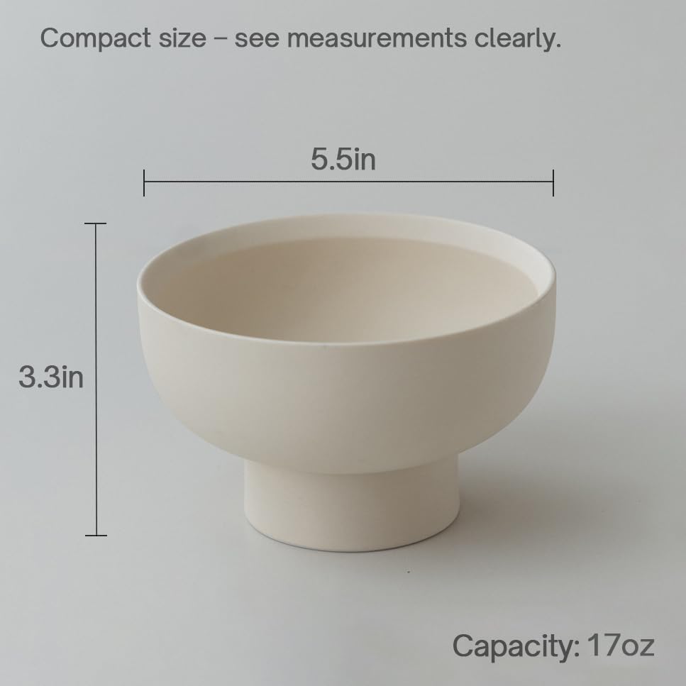 Frutero profundo de pie alto, cuenco decorativo con pedestal de cerámica, cuenco redondo para ensalada, 3.38 pulgadas de alto x 5.5 pulgadas de ancho, tamaño pequeño, 17 onzas, crema mate 2