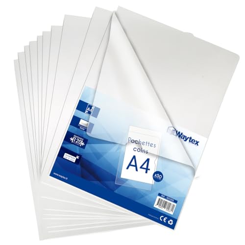 Waytex 931299 Pochette Coin Transparente A4 Lisses et épaisses 120 microns – Paquet de 50
