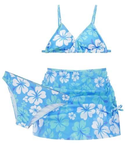 Girls 3 Piece Swimsuit Summer Hawaiian Bikini Set with Beach Cover Up Skirt Bathing Suit Swimwear 8-15 Years