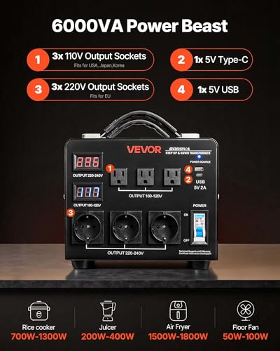Image of VEVOR Voltage Auto Converter Transformer, 6000VA, Heavy Duty Step Up /Down Power Transformer, 110V to 220V and 220V to 110V, with 3 US Outlets, 3 EU Outlets, LCD Display, Circuit Breaker Protection