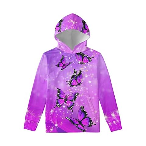 Renewold Butterfly Purple Print Hoodies for Girls, Youth Kids Hooded Clothing Pullover Long Sleeve Sweatshirts, Washable Hoodie Sweatshirt 6-7 Years Cover