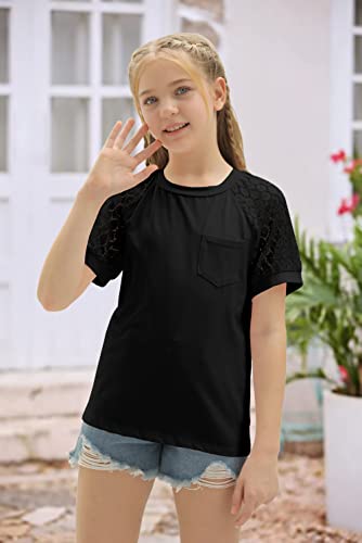 Image of Girls Summer Short Sleeve Shirts Lace Casual Cute Crew Neck Solid Color Blouses Tops Sizes 6-15 Years