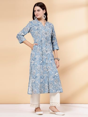 Image of Pistaa's Women's Cotton Regular Fit A Line Floral Print A-Line Regular Kurta