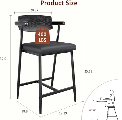 Image of GarveeHome Bar Stools Set of 6 with Arms, 26 inch Modern 6pcs Counter Height Metal Barstools Set with Wood Back & Footrest, Wider Seat, Sturdy Frame, for Counter Bar, Kitchen Island, Retro Black