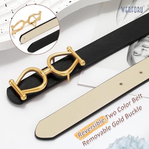 WERFORU Women Reversible Leather Belt for Women, Two-in-One Women Gold Buckle Leather Belt for Jeans Dress,Black/Beige, 43.3 Inches Length,Fit Waist Size 29 Inches-35 Inches4