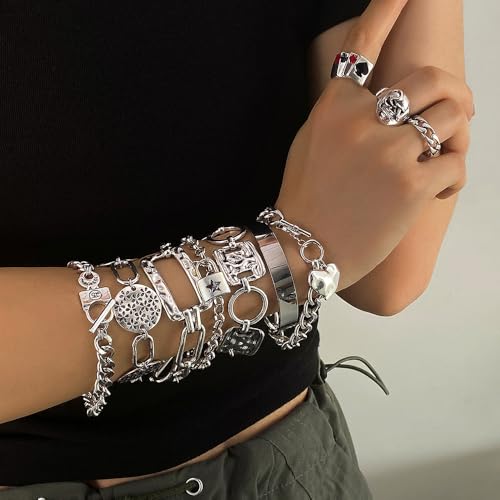 KISS WIFE Vintage Silver Bracelets Set for Women Men, OT Toggle Clasps Bracelet, Heart Lock Hollowed Prints Bangles Chunky Cuban Link Chain Charm Bracelet Pack Punk women's Jewelry4