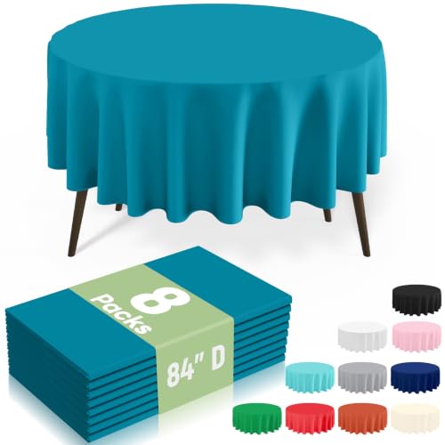 Image of misaya 8 Packs Disposable Plastic Table Cloth, 84 inch Round Waterproof Tablecloth, Leakproof & Sturdy Decorative Table Covers for Picnic, Party, Outdoor and Back to School, Turquoise