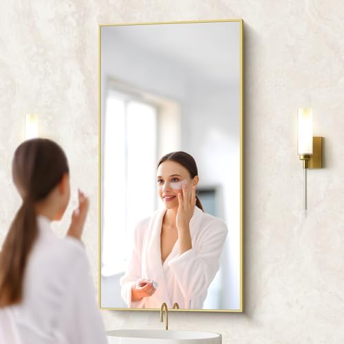 Image of COFENY 48x24In Gold Bathroom Mirror for Wall, Brushed Gold Rectangle Mirrors with Metal Frame, Bathroom Rectangular Mirror Modern Wall Mirror for Bedroom Living Room, Hangs Horizontal or Vertical