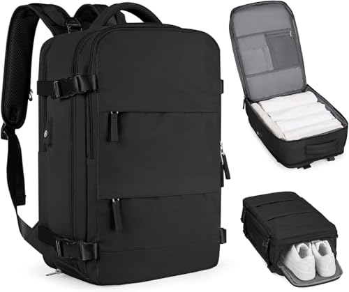 FIT IT Mochila Viral Viagem Expansível, Com Porta Usb, Compartimento Para Sapatos, Mochila Para Notebook (Preto)