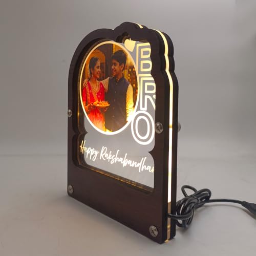 Image of lampees Personalised Rakshabandhan BRO LED Photo Frame Stand | Warm LED Illumination, Dark Wood & Acrylic, Custom Photo Upload