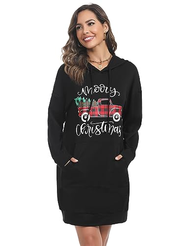 Image of Quenteen Women Hoodies Dress Hooded Sweatshirts Dress Casual Long Sleeve Tunic Dress Oversized Sweatshirts with Pocket