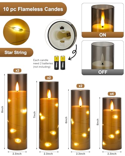 Image of Enido Flameless LED Candles with Remote & Timer, Battery Operated Acrylic Pillar Set, 10 Pc Flickering Electric Lights with Embedded Star String for Cozy Home & Holiday Romantic Decor (Matte Grey)