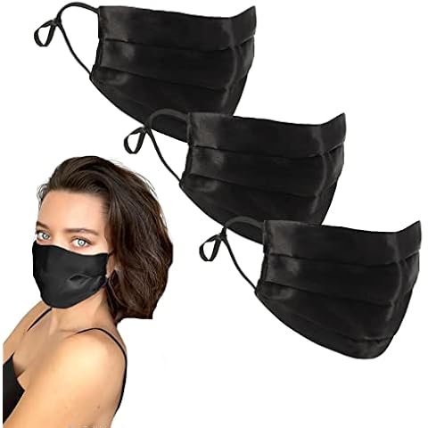 Golden Hour Silk Satin Face Mask | Sensitive Skin Face Mask | Hypoallergenic Face Mask | Adjustable Face Mask | Silk Face Mask Washable UK (Single, Black) Cover