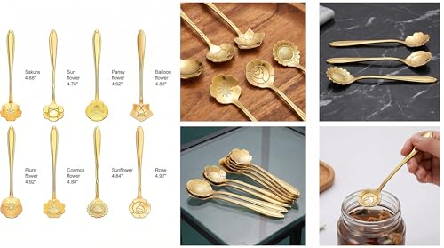 Image of 8Pcs Gold Flower Tea Spoon Set of 8 | Stainless Steel Coffee, Dessert & Ice Cream Spoons | Decorative Floral Cutlery for Home, Cafe, Dining Table & Gifting Use