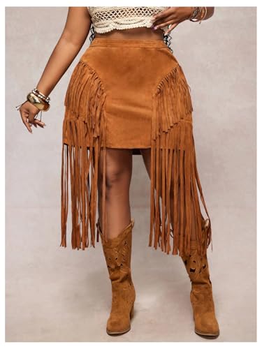 WDIRARA Women's Plus Size Faux Suede Fringe Skirt High Waisted Tassel Trim Western Cowgirl Skirts4