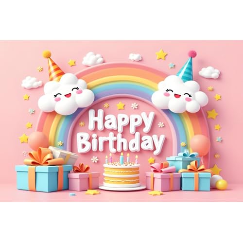 YongFoto Kids Happy Birthday Backdrop 5x3ft Cute Clouds Stars Gift Box Rainbow Arch Pink Photography Background Sweet Baby Girl Boy One Year Old 1st 2nd Birthday Party Banner Cake Table Decor