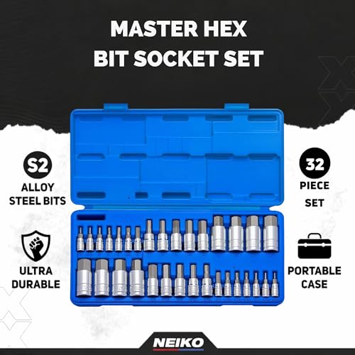 Image of NEIKO 10288A Allen Hex Bit Socket Set, 32 Piece SAE and Metric Allen Socket Set, Allen Head Hex Key Socket Set Made with S2 Steel