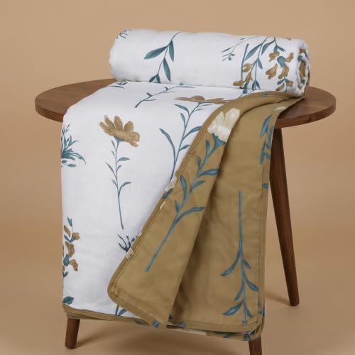 Image of HUESLAND 100% Cotton Reversible Dohar Single Bed Cotton | Soft Cambric Weave, All Weather Light AC Blanket | 56 x 89 inches, Floral - Olive Green & White