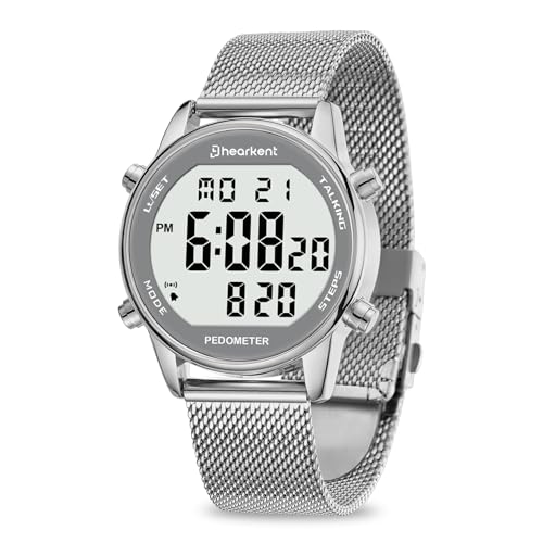 Hearkent Digital Talking Watch with Pedometer Announces time/Date/Steps/Calories in English Gift for Elderly Blind&Visually impaired 5 Alarm Reminders+Hourly Chime EL Backlight (Silver Mesh Strap)