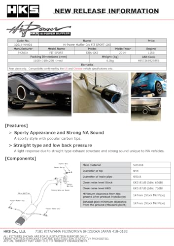 HKS Hi-Power Muffler 2014+ Honda Fit Sport GK5 w/ Carbon Tips - Image 4
