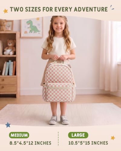 Image of Kids Backpack for Girls and Boys Ages 5-8 | 15inch Corduroy Backpack Kids Bookbag for School Preschool Kindergarten Daycare Daypack -Pink Checkered