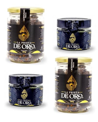 LA PRIETA DE ORO Aceitunas Deshidratadas + Paté Variedad Manzanilla Fina Sevillana Negra 100% Natural Artesana Fuente de Ácidos Grasos Omega 3 Omega 6 Libre Alérgenos Conservantes Colorantes PACK(4)