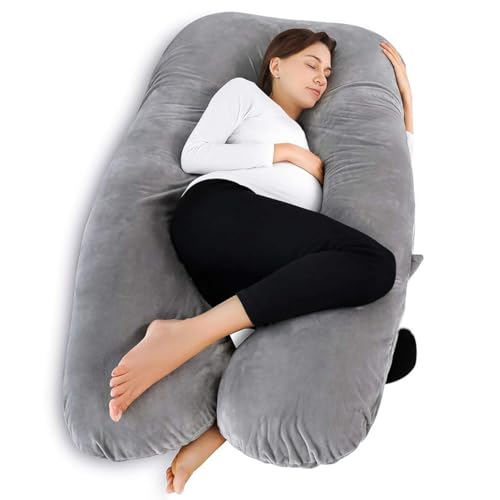 Image of U-Shaped Sleeping Pregnancy Pillow| Removable Velvet Covers| PregnoCare Fibres| Baby Shower Gift, Maternity, Nursing| Full Body Soft-Support Bump, Head, Back, Shoulder, Hips, Legs and Belly (Grey)
