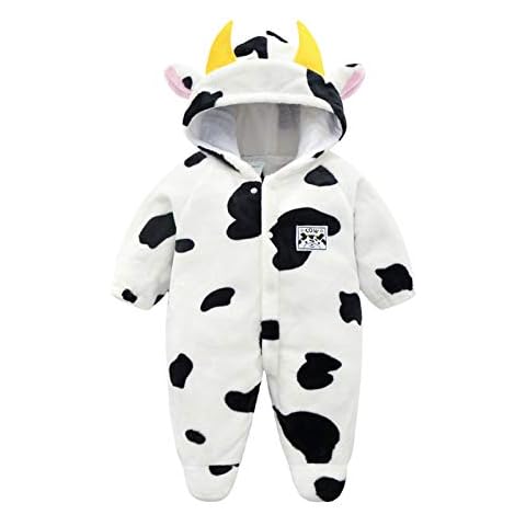 MAIGOIN Newborn Baby Romper Cute Cow Hooded Jumpsuit Winter Long-Sleeved Snowsuit Button Fleece Pyjamas Onesies for 0-18 Months Cover